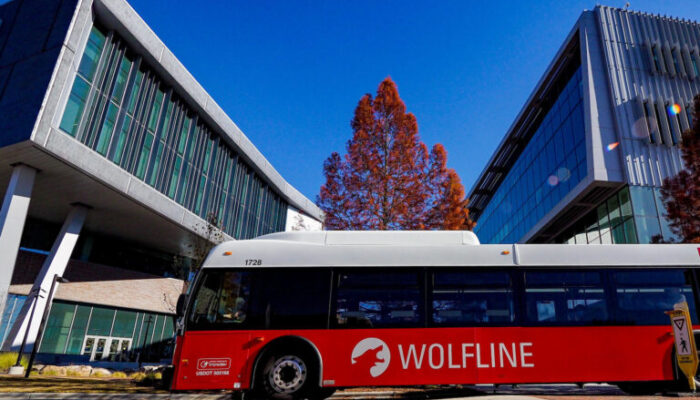 The wolfline bus transportation system drives around campus.