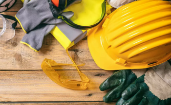 A close up of PPE on a wooden table.