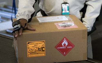 A worker handles a package containing dangerous shipping materials.