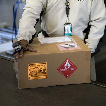 A worker handles a package containing dangerous shipping materials.