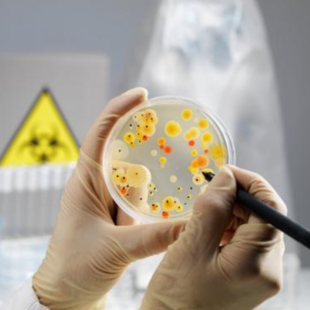 A scientist holding a petri dish.