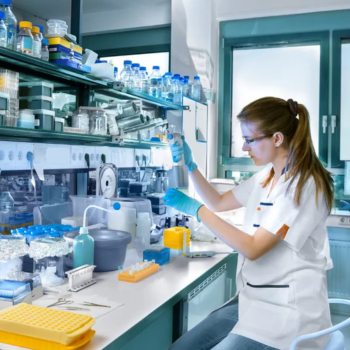 A woman sits in a lab and examines a beaker.