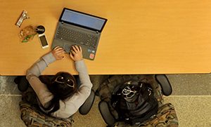 Student works on her laptop in EB1 on Centennial Campus.